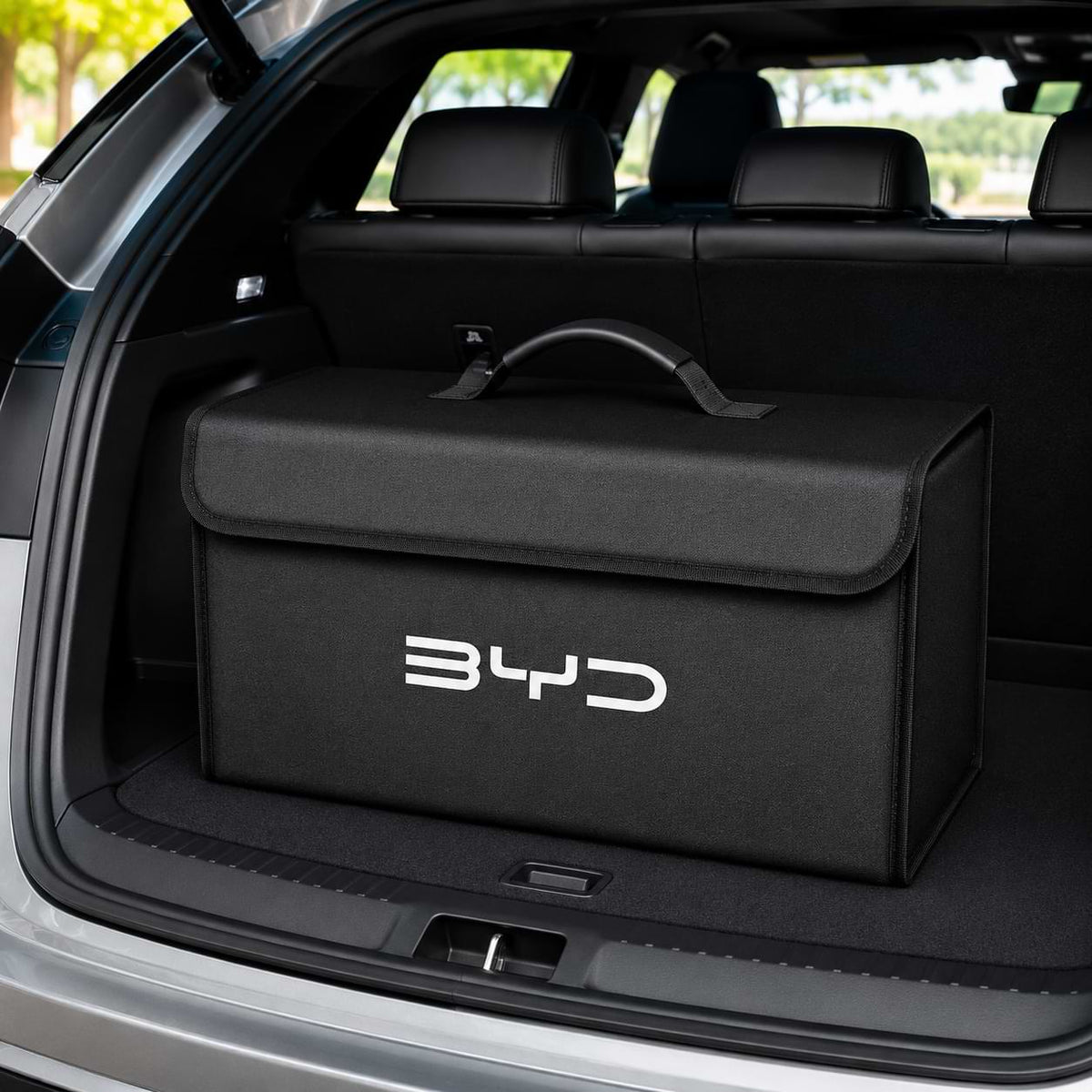 BYD foldable trunk storage organizer box placed inside a vehicle cargo area for organized storage and travel essentials