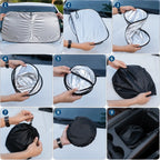 Driver folding and storing a BYD  shark 6 foldable windshield sunshade beside the vehicle for easy storage.