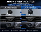 Before and after comparison of camera lens protective covers installed on BYD Formula Leopard Ti3, Ti7, Denza B5, and Denza B8 vehicle cameras.