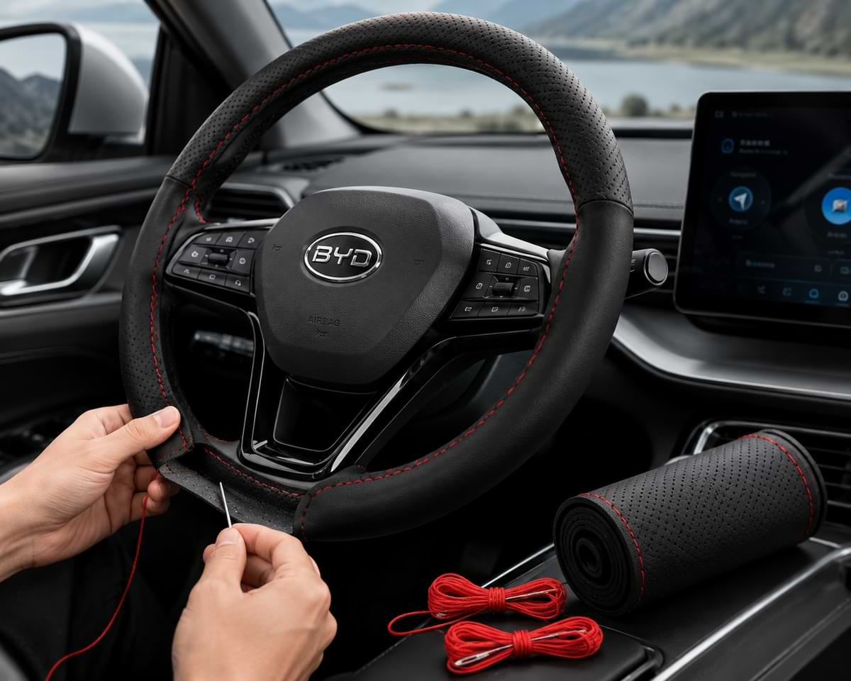 Black genuine leather steering wheel cover with red stitching installed inside a modern BYD car interior