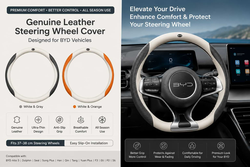 Premium Genuine Leather Steering Wheel Cover for BYD Atto 3, Dolphin, Han & Song Plus