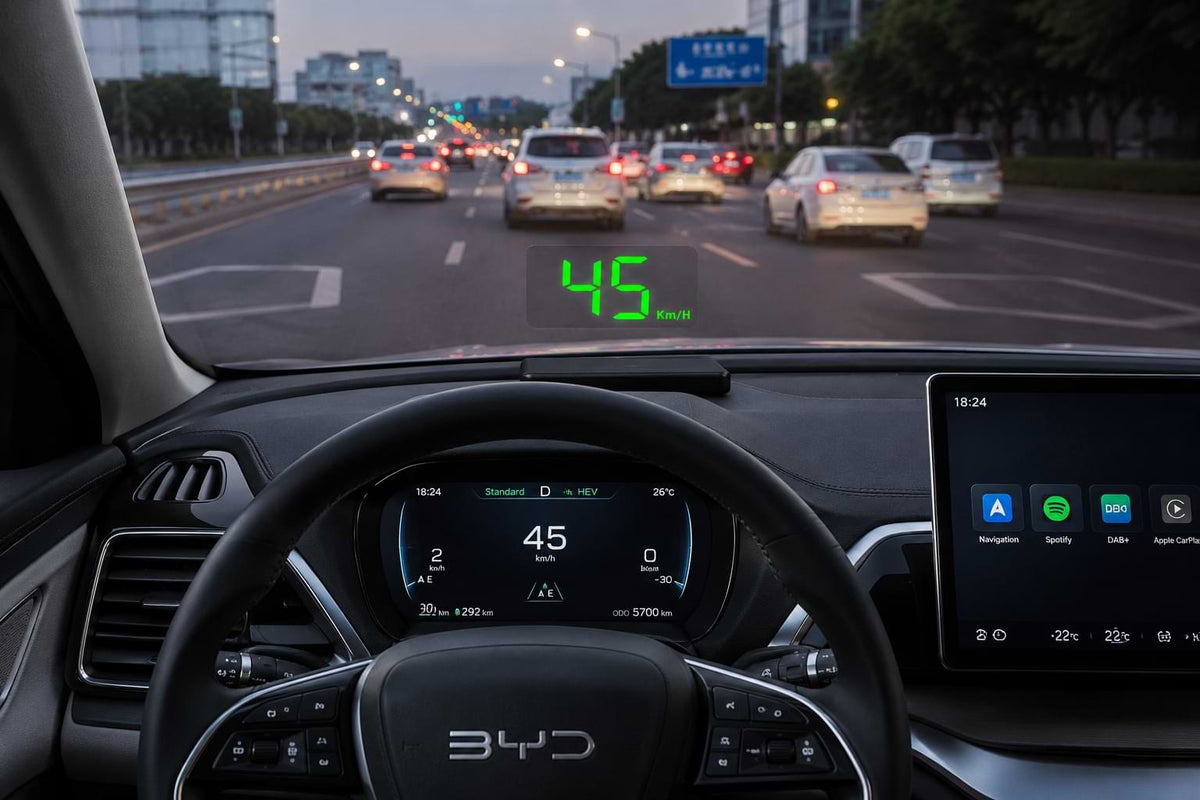 BYD car interior with green LED GPS head up display projected on windshield