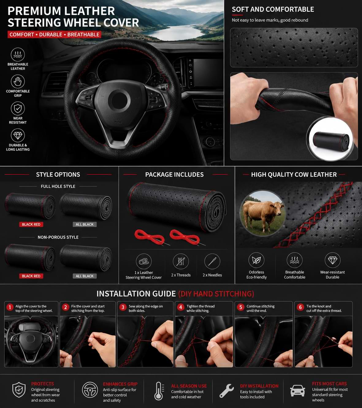BYD Genuine Leather Steering Wheel Cover Installation Guide Infographic