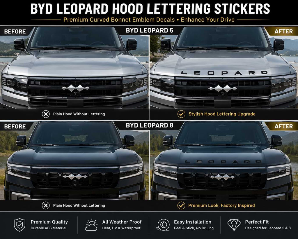 Premium auto hood lettering stickers installed on BYD Leopard 5 and Leopard 8 bonnet