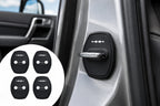 Black door lock cover stopper installed on the door latch of a BYD Leopard 5 or Leopard 8, with a four-piece accessory set shown in the corner.