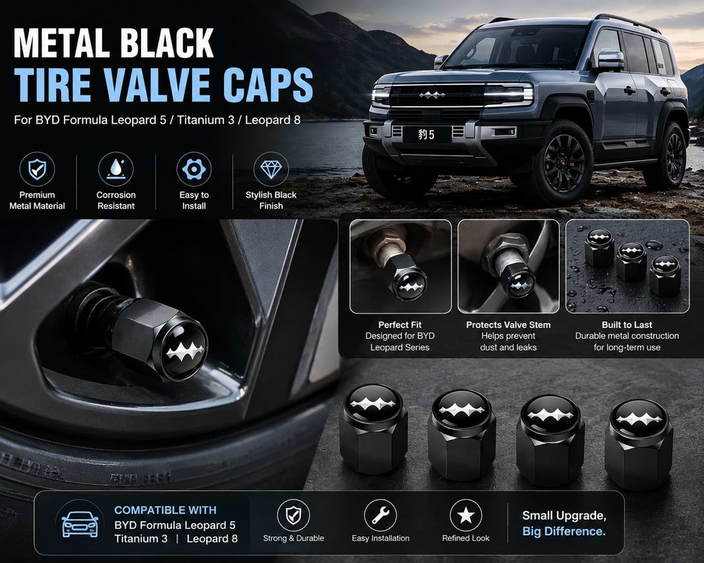BYD Leopard 5 Leopard 8 Metal Black Tire Valve Caps on Wheel