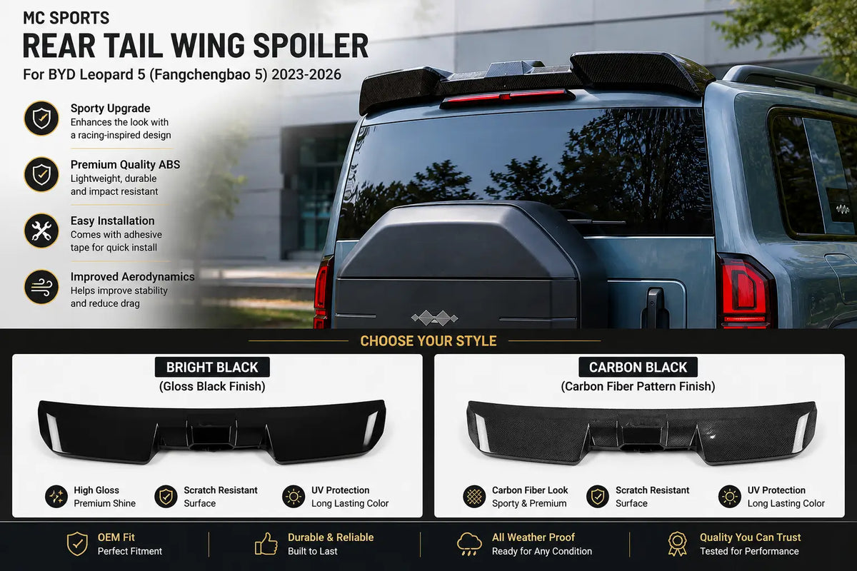 Comparison of Bright Black gloss and Carbon Black carbon fiber pattern rear tail wing spoilers for the BYD Leopard 5 (Fangchengbao 5) 2023–2026.