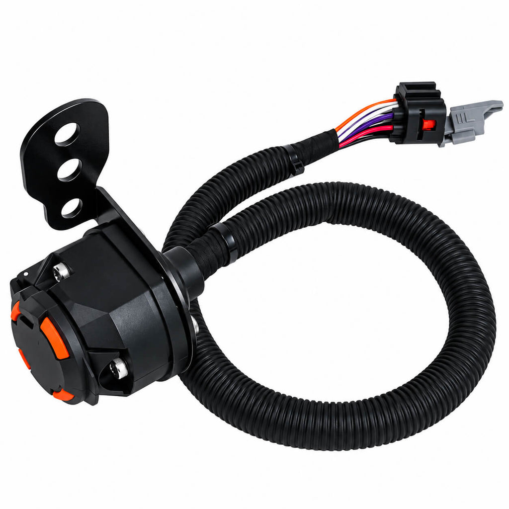 Trailer wiring harness with protected cable conduit, mounting bracket, and multi-pin vehicle connector.