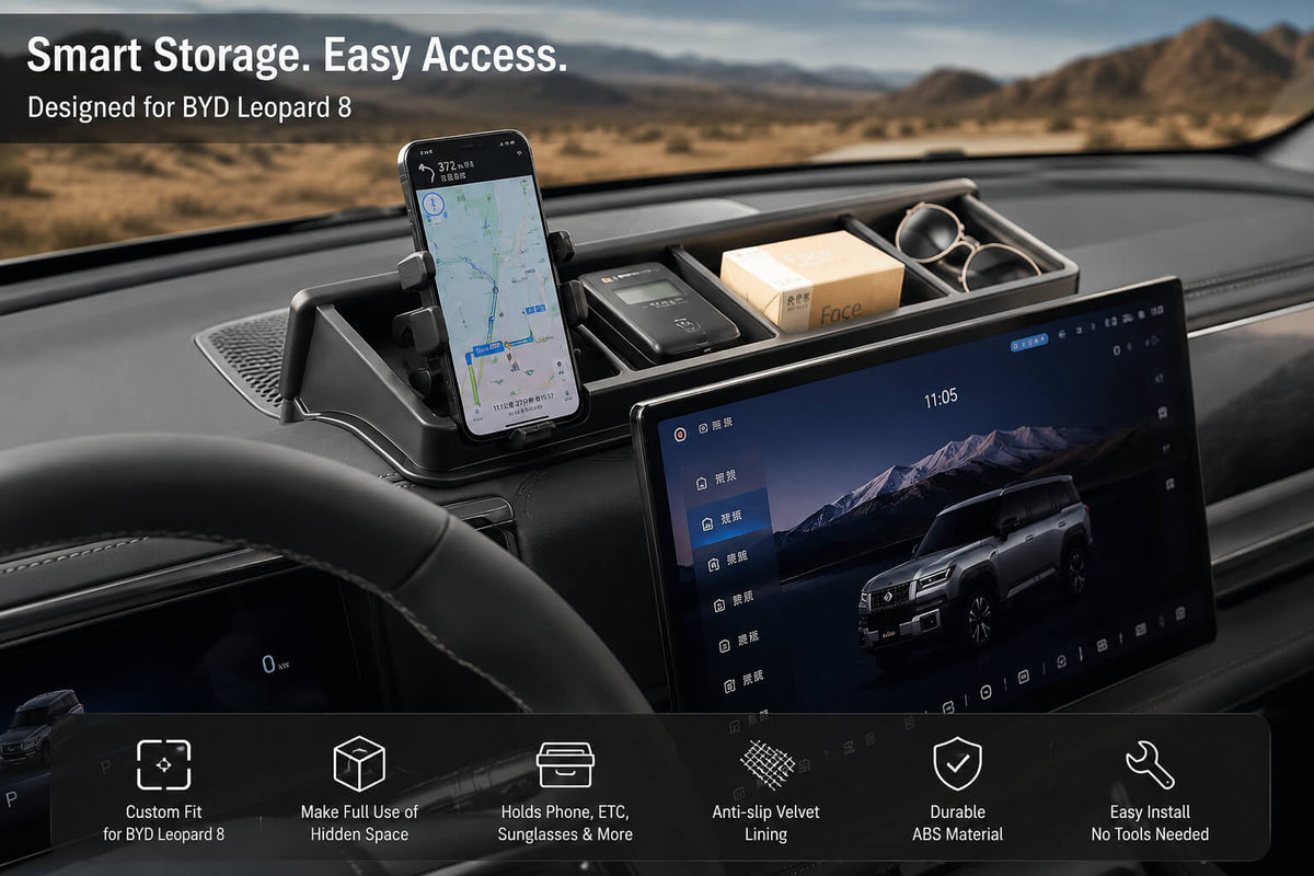 BYD Leopard 8 dashboard phone holder with rear storage box holding a smartphone, sunglasses, and everyday essentials behind the center display.