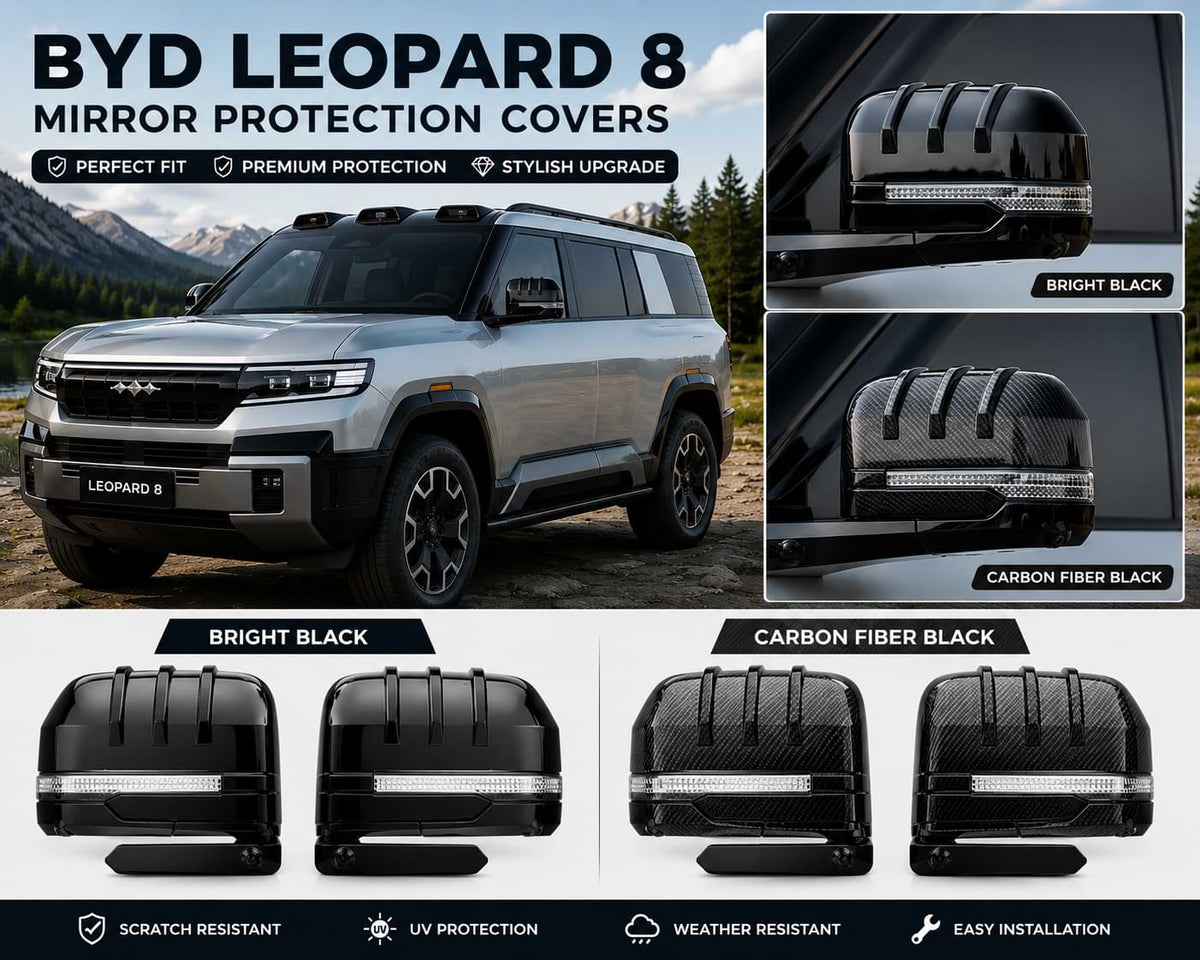 BYD Leopard 8 2024-2025 rearview mirror protection cover comparison showing Bright Black and Carbon Fiber Black ABS mirror covers installed on the vehicle.