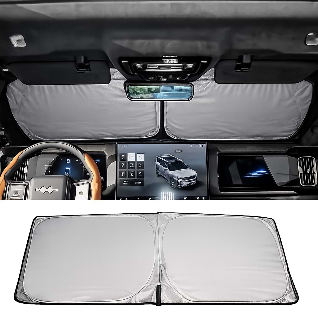 Custom BYD Leopard 8 2025 windshield sun shade installed inside the vehicle for UV protection and cooler cabin temperatures