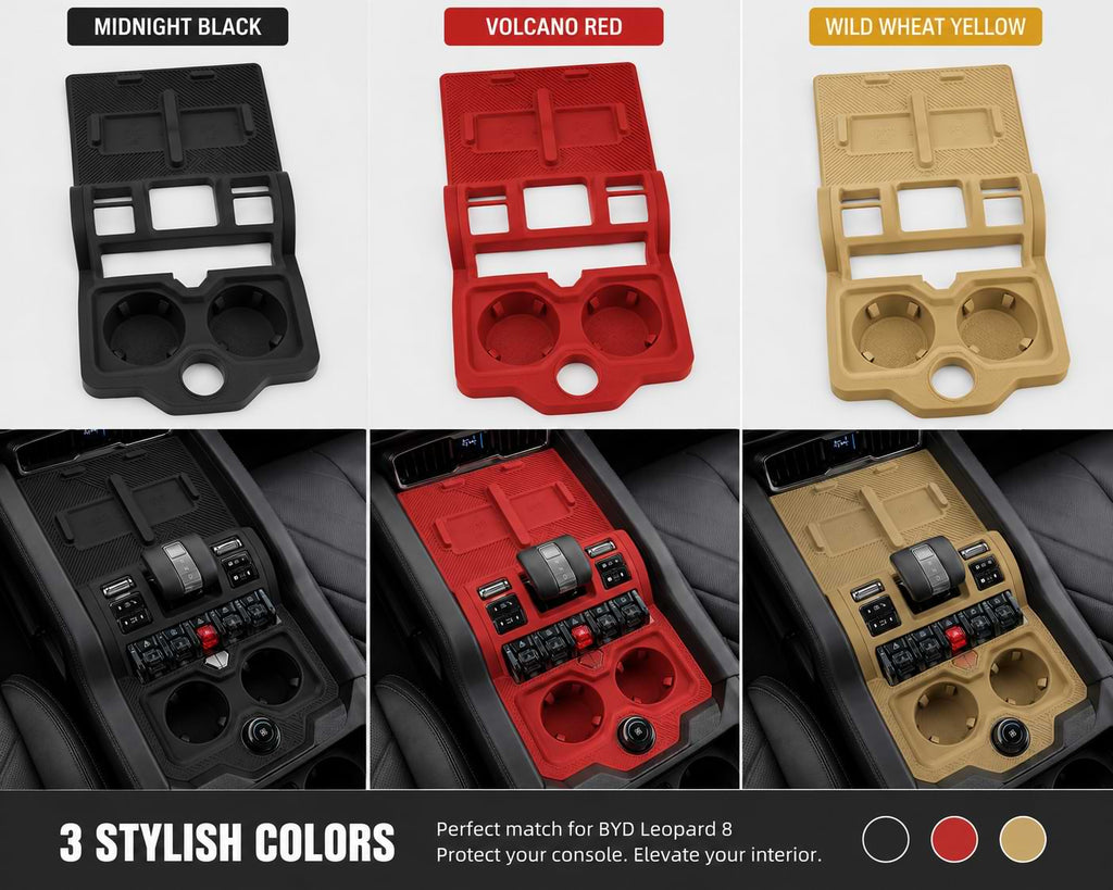 Three-color comparison of BYD Leopard 8 wireless charging silicone pad installed in the center console, available in Midnight Black, Volcano Red, and Wild Wheat Yellow.