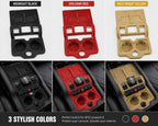 Three-color comparison of BYD Leopard 8 wireless charging silicone pad installed in the center console, available in Midnight Black, Volcano Red, and Wild Wheat Yellow.