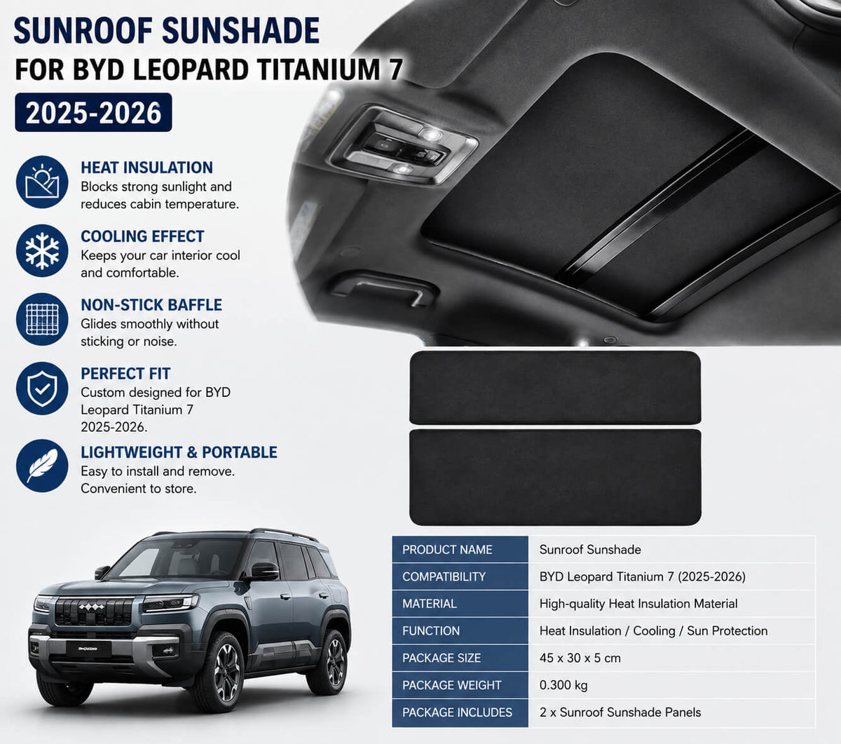 BYD Leopard Titanium 7 2025-2026 sunroof sunshade with heat insulation features