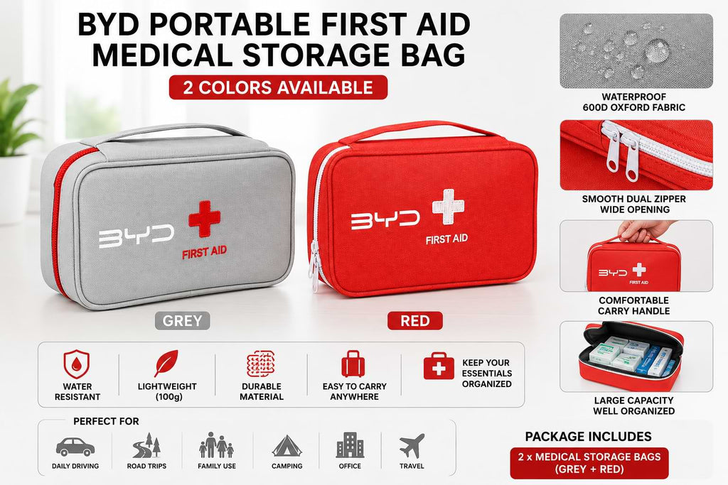 Grey and red BYD portable first aid medical storage bags showing two color options with waterproof 600D Oxford fabric, dual zippers, carry handle, and large storage capacity for BYD vehicles.