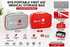 Grey and red BYD portable first aid medical storage bags showing two color options with waterproof 600D Oxford fabric, dual zippers, carry handle, and large storage capacity for BYD vehicles.