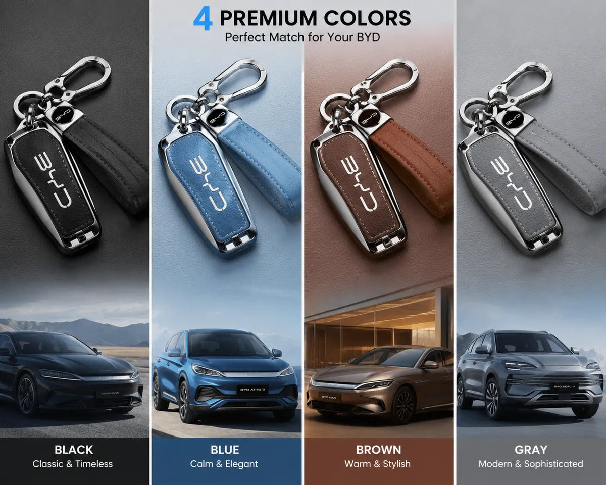BYD Premium Leather Keychain in 4 Colors | Black, Blue, Brown & Gray