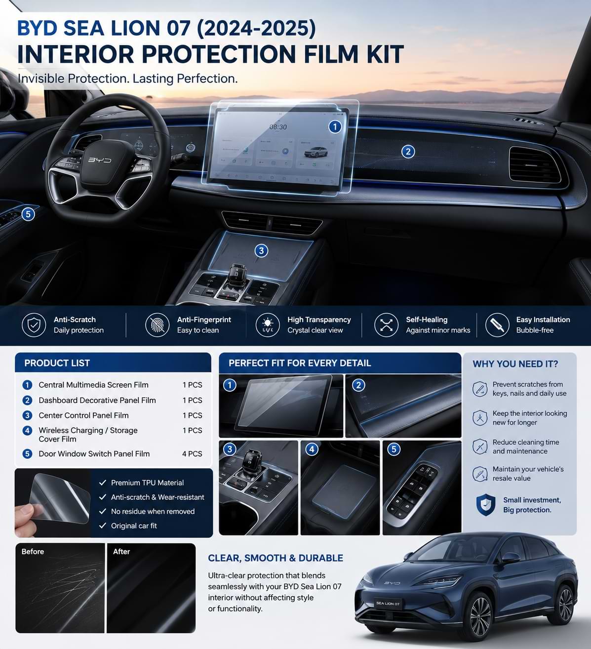 BYD Sea Lion 07 Interior Protection Film 2024-2025 | Dashboard & Screen Protector