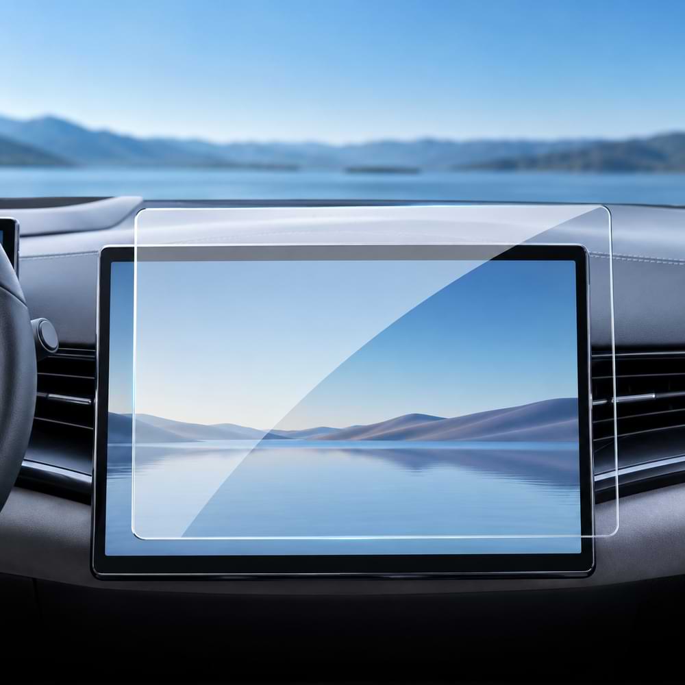byd shark Car dashboard with a screen protector displaying a scenic view