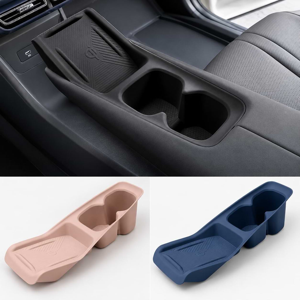 Custom-fit BYD Seal center console organizer tray featuring dual cup holders, storage compartment, and wireless charging area integration.
