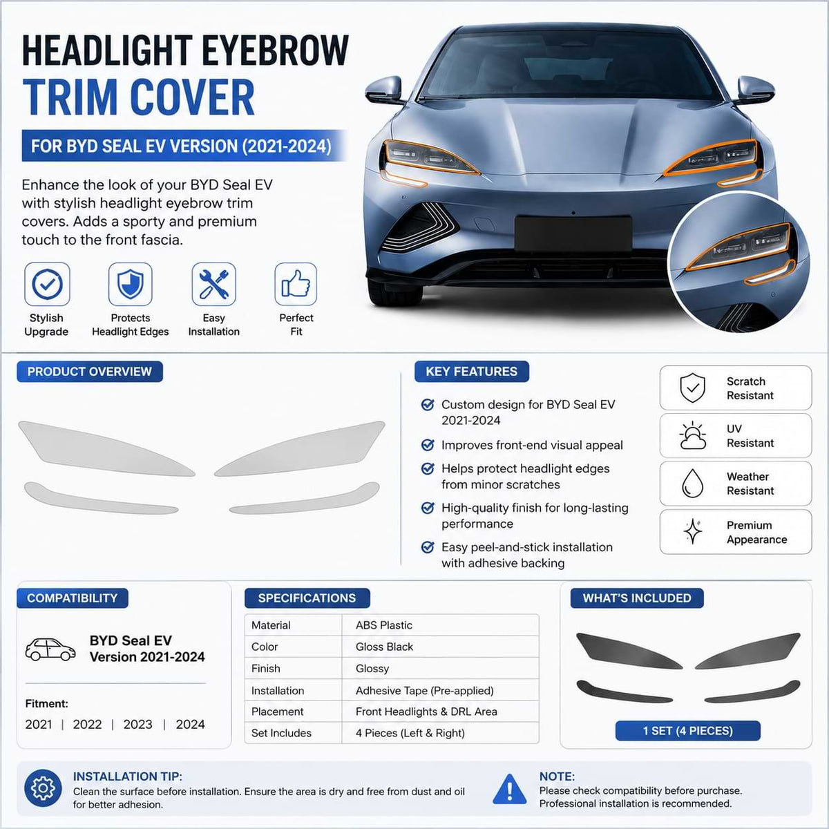 Stylish headlight eyebrow trim cover designed for the BYD Seal EV 2021-2024, enhancing the front-end appearance with a sporty look.