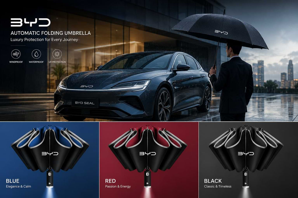 Luxury BYD Seal car with automatic folding umbrella in blue red and black color options during rainy weather