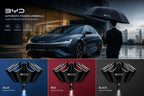 Luxury BYD Seal car with automatic folding umbrella in blue red and black color options during rainy weather