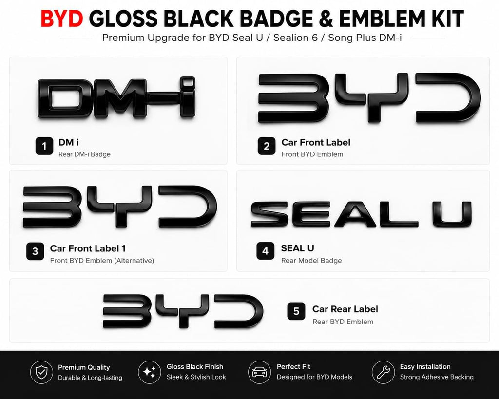 Complete gloss black badge and emblem kit for BYD Seal U, Sealion 6, and Song Plus DM-i including front emblem, rear emblem, DM-i badge, and SEAL U lettering.