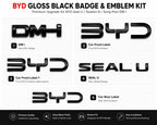 Complete gloss black badge and emblem kit for BYD Seal U, Sealion 6, and Song Plus DM-i including front emblem, rear emblem, DM-i badge, and SEAL U lettering.