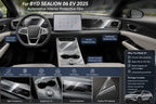 BYD SEALION 06 EV 2025 interior with transparent TPU protective film covering the dashboard, instrument panel, infotainment screen, and center console surfaces.