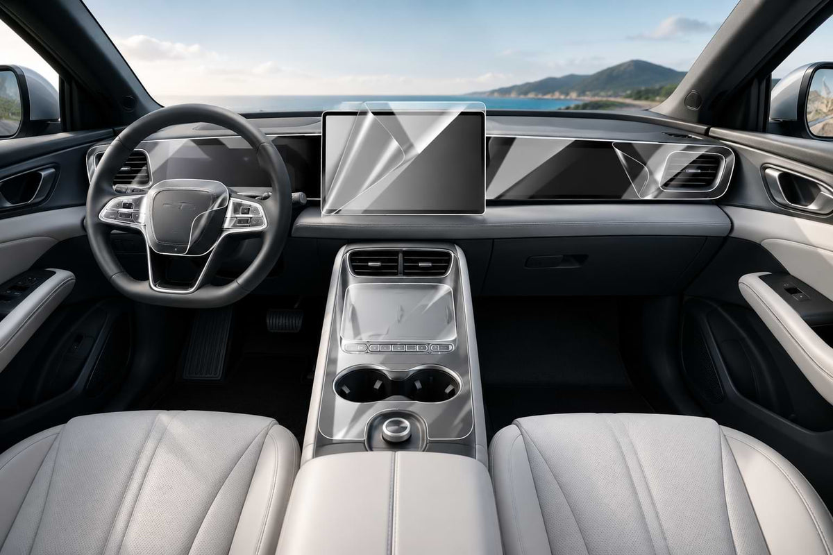 BYD SEALION 06 EV 2025 interior with transparent TPU protective film applied to dashboard, instrument panel, touchscreen, steering wheel, and center console.