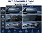 Before and after comparison showing TPU protection film installed on BYD Sealion 6 DM-i headlights, side mirrors, and B pillar trim.