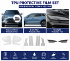 BYD Sealion 6 DM-i 2023-up TPU protective film set featuring side mirror protectors, B-pillar trim film, and headlight protection film.
