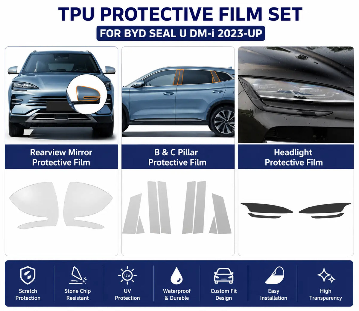 BYD Sealion 6 DM-i 2023-up TPU protective film set featuring side mirror protectors, B-pillar trim film, and headlight protection film.