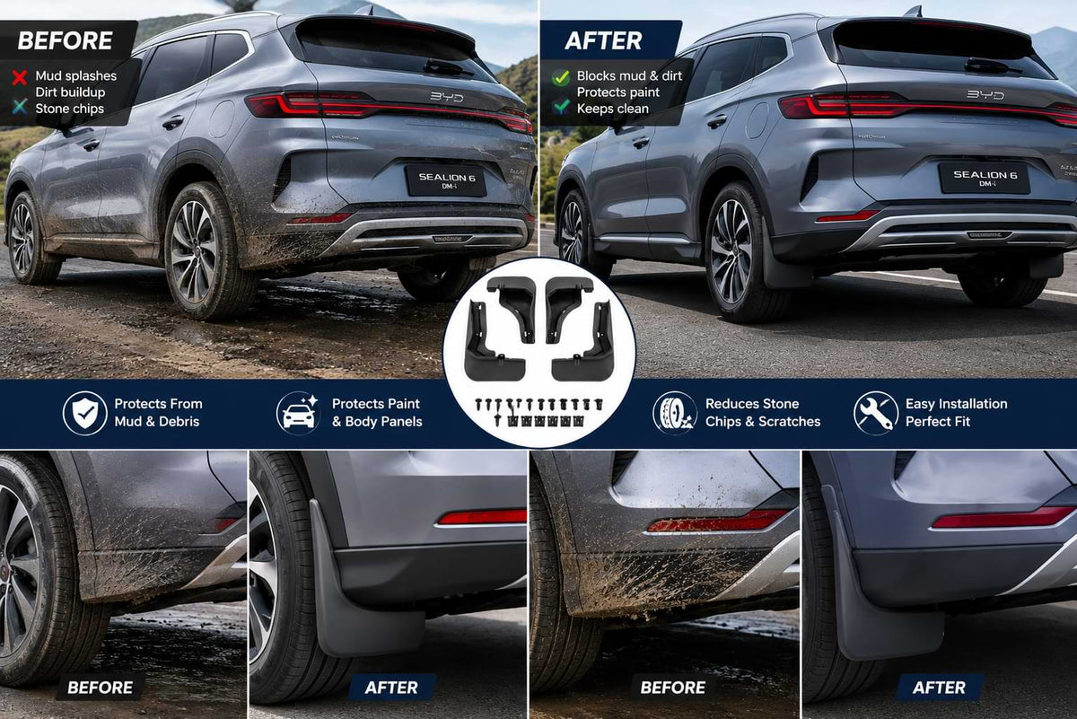 Before and after comparison of BYD Sealion 6 mud flaps showing reduced mud splashes and improved body protection