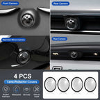 4-piece camera lens protector cover kit installed on front, rear, and side cameras of a BYD vehicle with protective lens covers displayed.