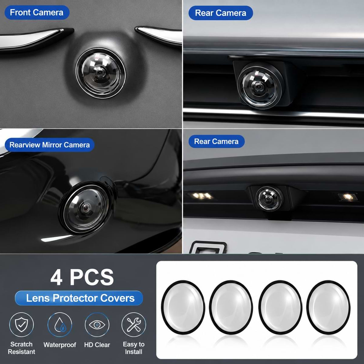 4-piece camera lens protector cover kit installed on front, rear, and side cameras of a BYD vehicle with protective lens covers displayed.