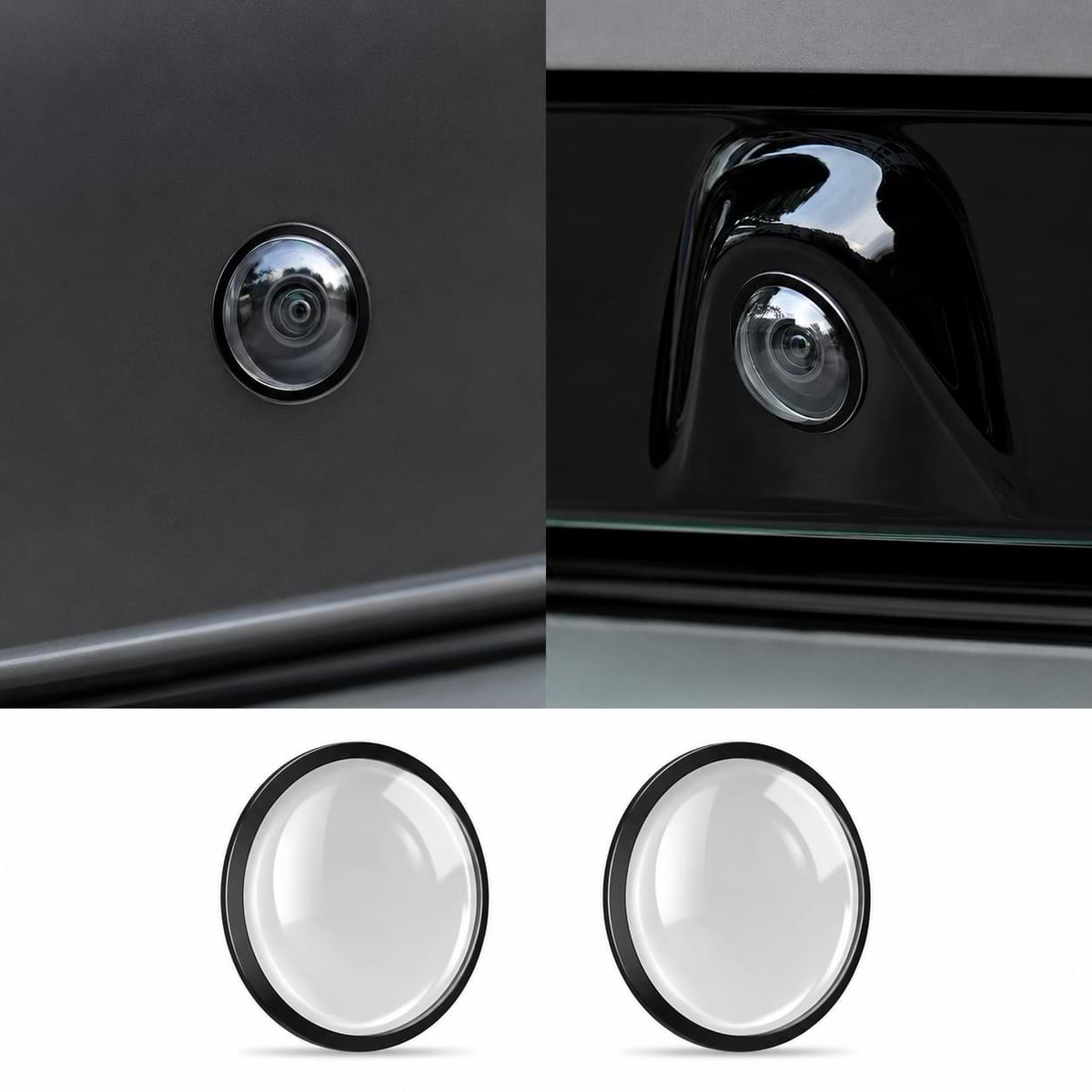 Front and rear camera lens protector covers installed on BYD vehicle cameras with two clear protective lens covers displayed below.