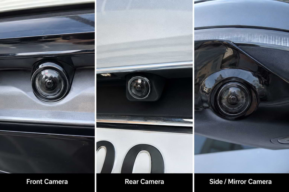Real-life collage showing front camera, rear camera, and side mirror camera locations on a BYD vehicle equipped with camera lens protection.
