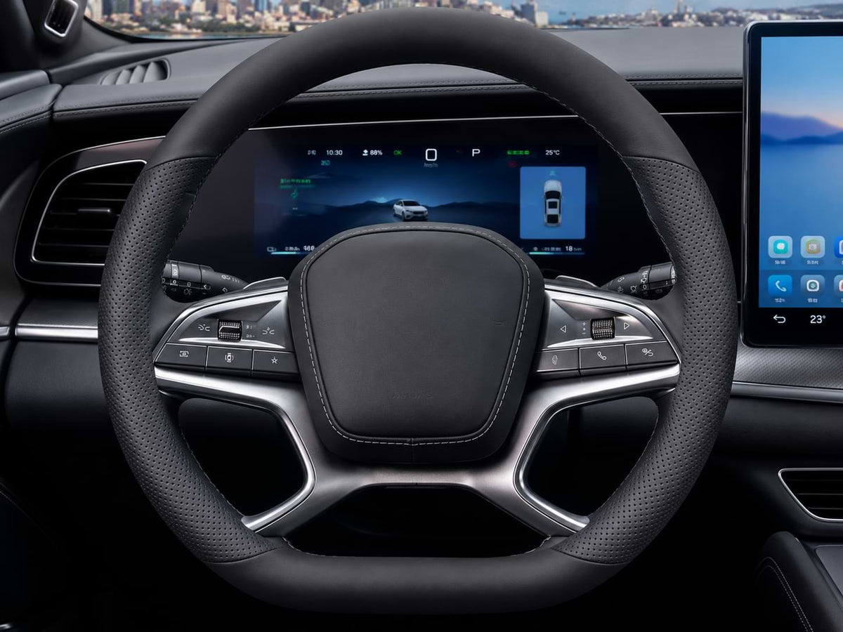 BYD Sealion 7 leather steering wheel cover installed on steering wheel inside 2024-2025 BYD Sealion 7 electric SUV.