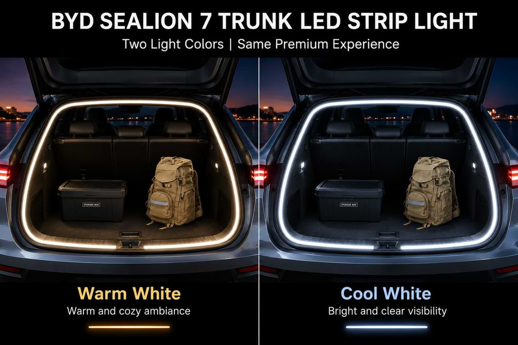 BYD Sealion 7 trunk LED strip comparison showing warm white and cool white lighting options