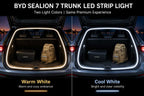 BYD Sealion 7 trunk LED strip comparison showing warm white and cool white lighting options