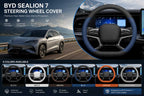 Collage showing six color options of the BYD Sealion 7 leather steering wheel cover, including black, white, brown, blue, orange, and light grey for 2024-2025 models.