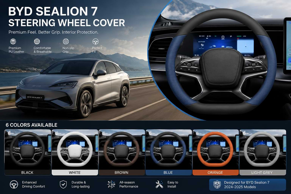 Collage showing six color options of the BYD Sealion 7 leather steering wheel cover, including black, white, brown, blue, orange, and light grey for 2024-2025 models.