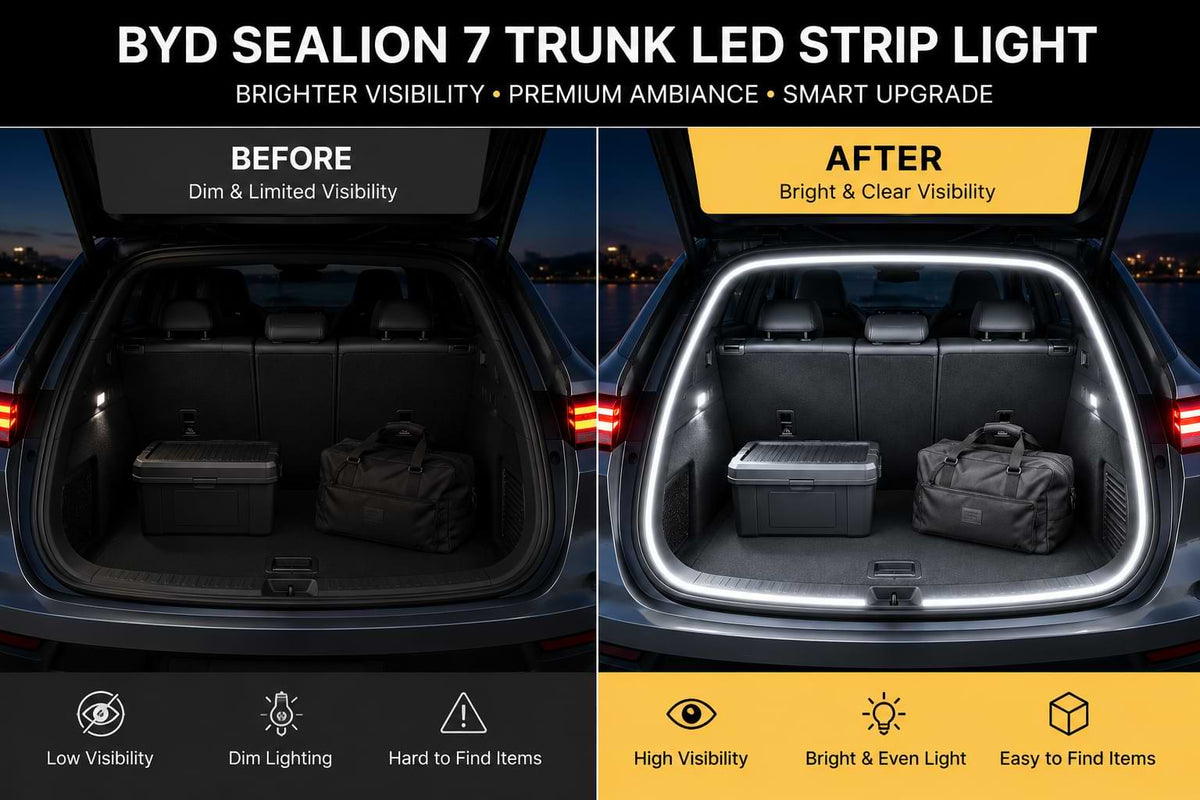 Before and after comparison of BYD Sealion 7 trunk LED strip lighting upgrade