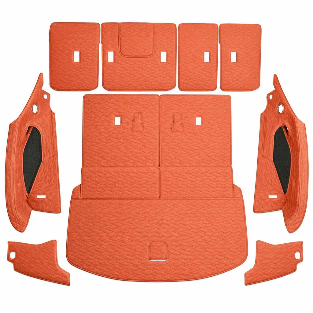 Premium custom-fit leather trunk mat and backrest pad set designed for the 2025–2026 BYD Sealion 8 (Atto 8) and BYD Tang L, providing full cargo area protection with a luxury quilted finish.