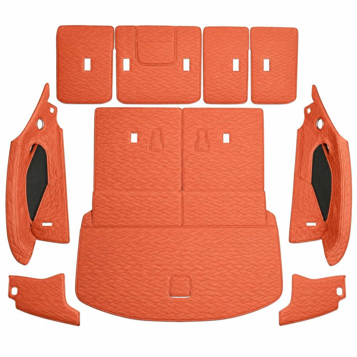 Premium custom-fit leather trunk mat and backrest pad set designed for the 2025–2026 BYD Sealion 8 (Atto 8) and BYD Tang L, providing full cargo area protection with a luxury quilted finish.