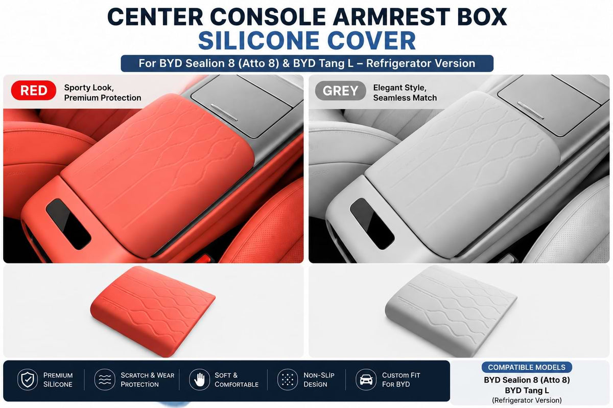 Custom-fit grey silicone armrest box cover designed for the BYD Sealion 8 (Atto 8) and BYD Tang L refrigerator version, providing everyday protection, comfort, and a factory-style interior finish.