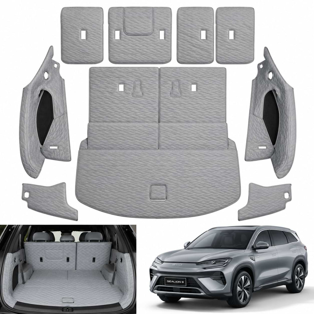 custom-fit leather trunk mat and backrest pad set designed for the 2025–2026 BYD Sealion 8 (Atto 8) and BYD Tang L, providing full cargo area protection with a luxury quilted finish.