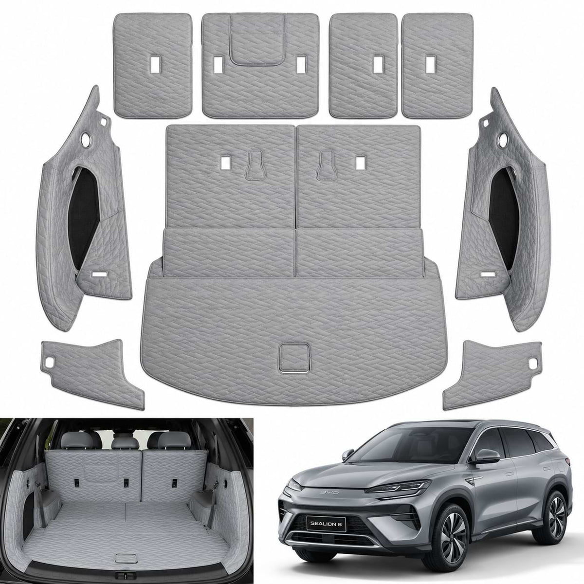 custom-fit leather trunk mat and backrest pad set designed for the 2025–2026 BYD Sealion 8 (Atto 8) and BYD Tang L, providing full cargo area protection with a luxury quilted finish.